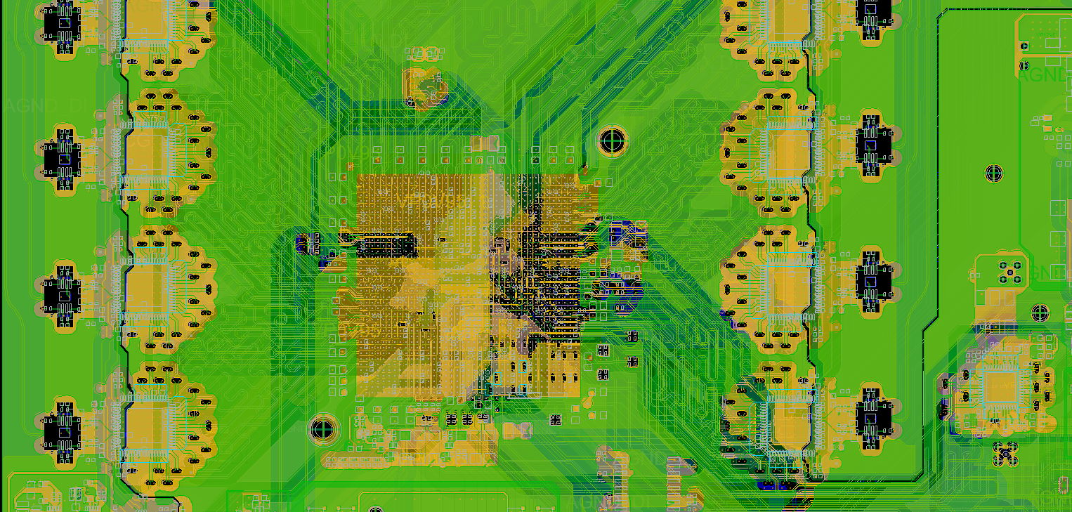 Close-up view of a routed high-density circuit board layout
